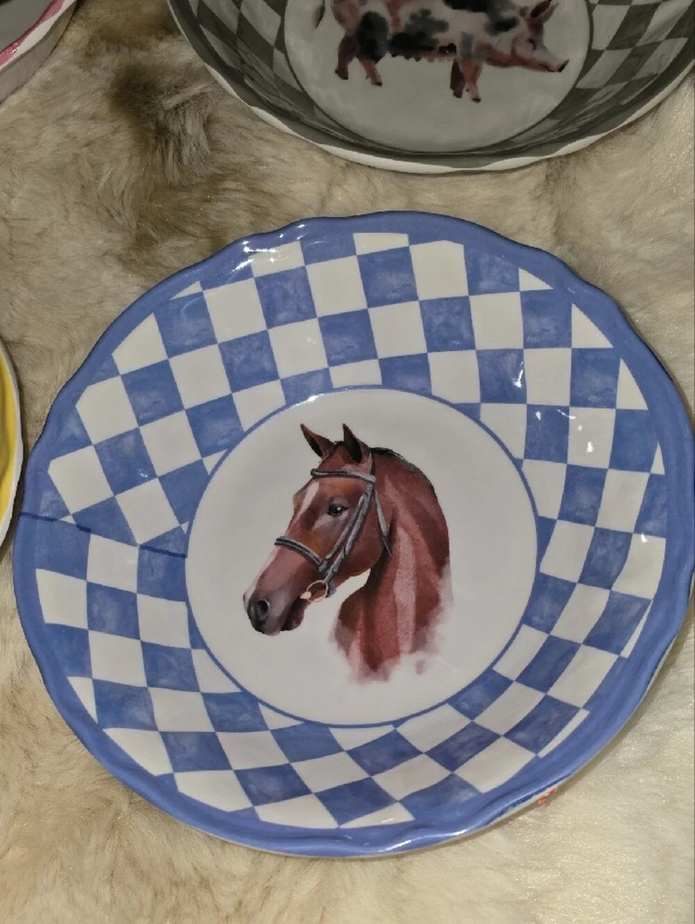 Farmhouse Set of 4 Farm Animal Salad Bowls - Pink, Gray, Yellow, Blue Check
